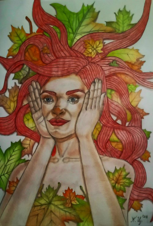 Камелия Цонкова, "Есен", рисунка с цветни моливи, размер 35/50 см.