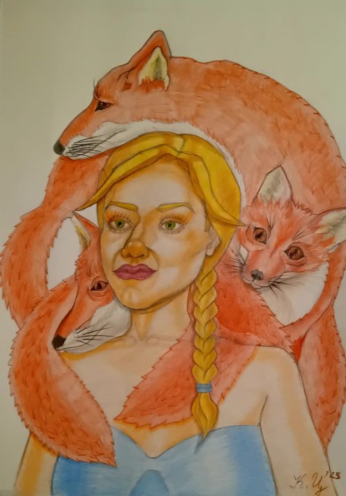 Камелия Цонкова, "Дамата с лисиците", рисунка с цветни моливи, размер 35/50 см.