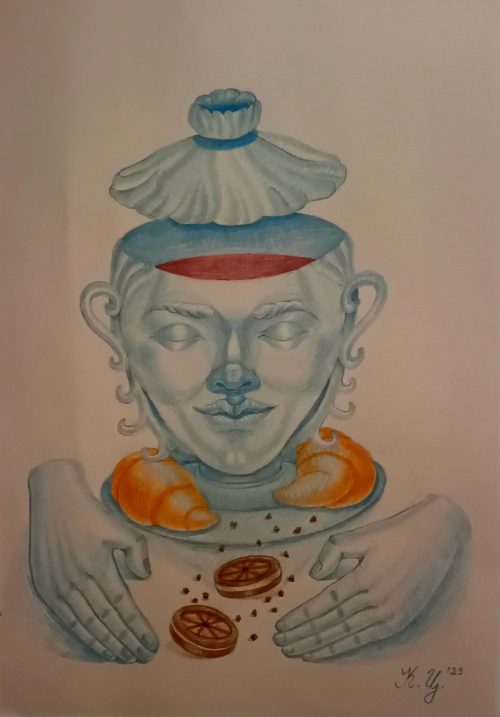 "Чаша кафе", рисунка с цветни моливи, размер 35/50 см.