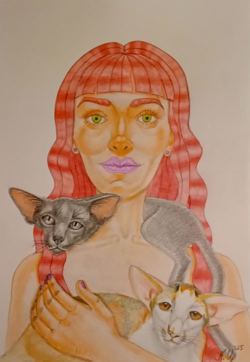 Камелия Цонкова,"Мачки", рисунка с цветни моливи, размер 35/50 см.