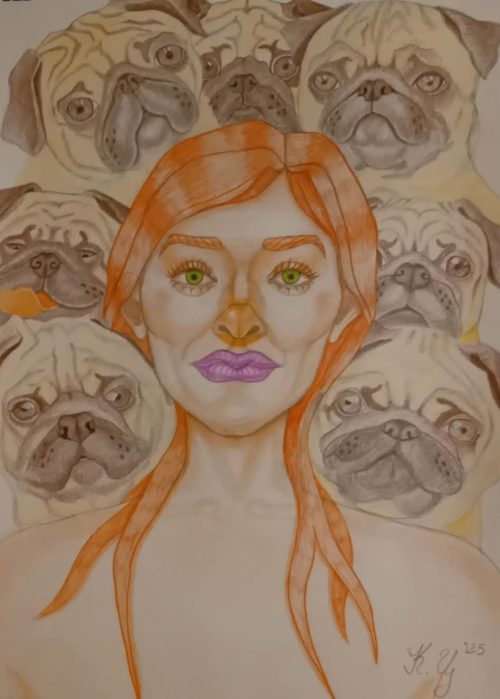 "Жената с мопсовете", рисунка с цветни моливи, размер 35/50 см.