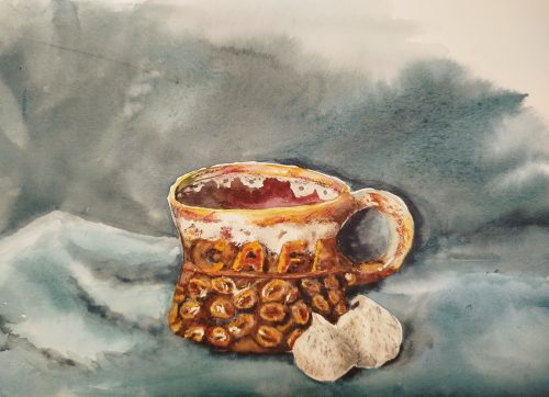По кофейку? акварель, хлопок, 21*30